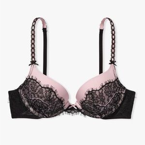 🖤 Victoria's Secret Tease Black and Pink Satin Lace Bra Push Up🖤